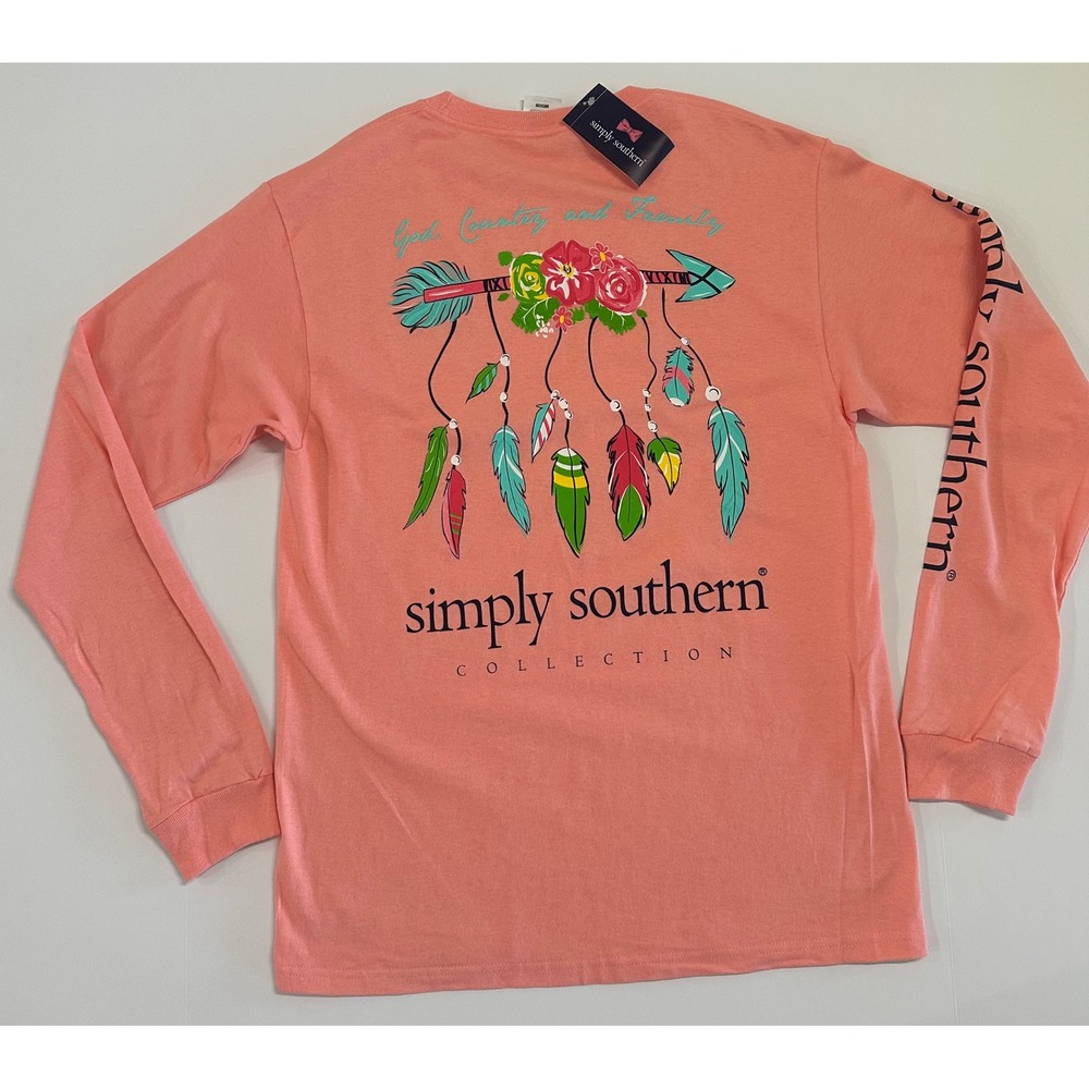 Simply Southern Long Sleeve Graphic T-Shirt Coral Pink God Country Family Medium